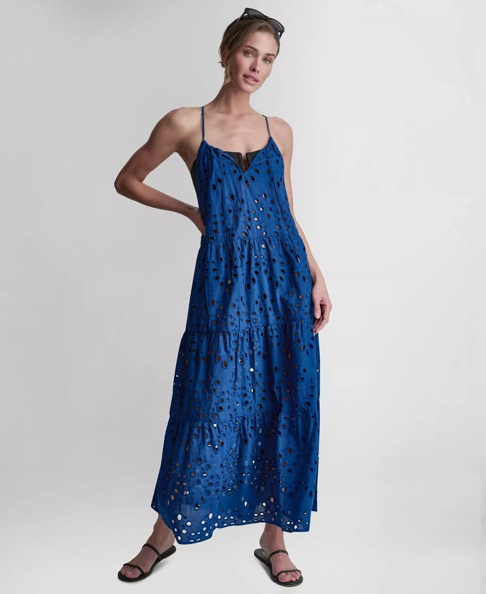DKNY Women's Tiered Eyelet Maxi Dress Swim Cover-Up Admiral Size M 3922